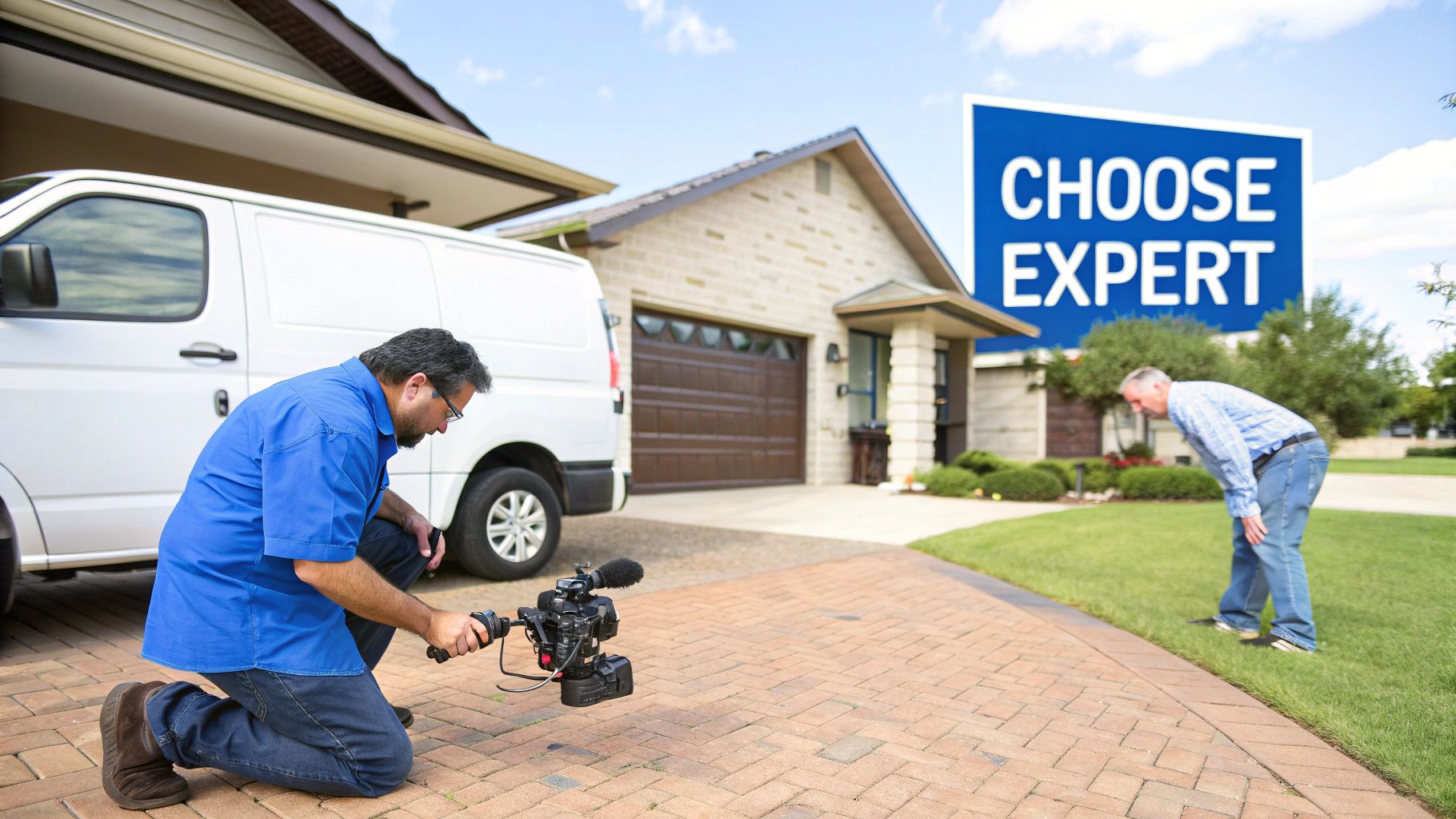 A videographer films outside a house with a white van and a 'CHOOSE EXPERT' sign in the background.