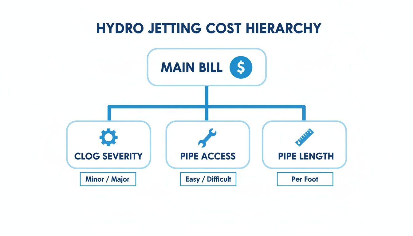 Flowchart illustrating hydro jetting cost hierarchy based on clog severity, pipe access, and pipe length.