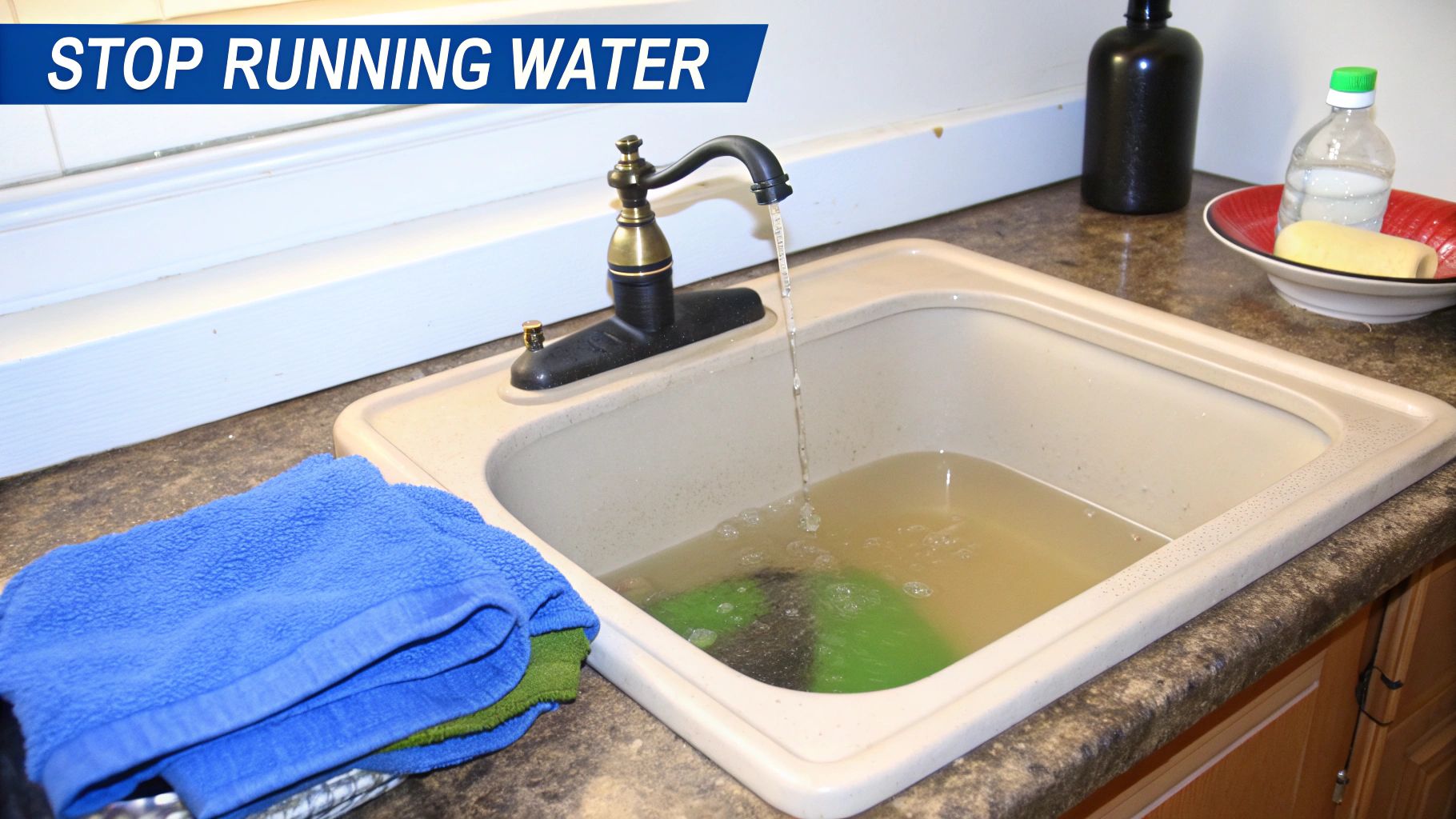 A clogged kitchen sink is overflowing with dirty brown water, faucet running, towels nearby.
