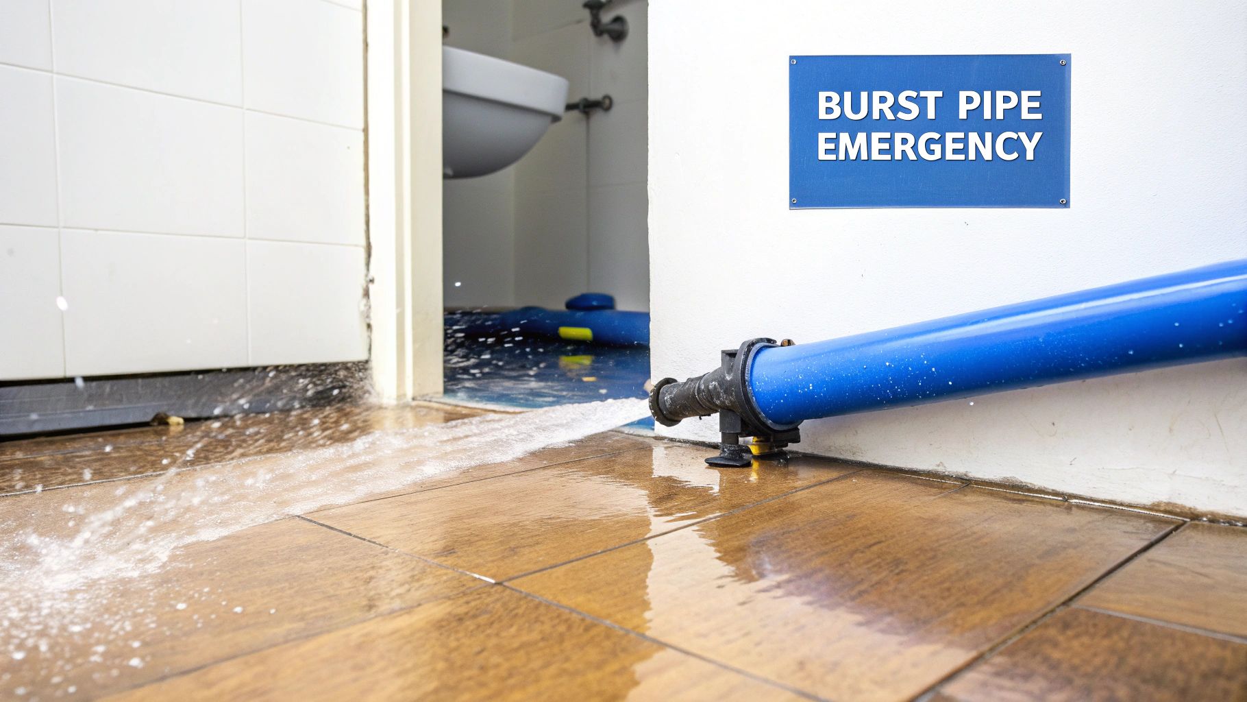 8 Critical Signs It's Time to Call a Plumber in Las Vegas 3 Water spraying from a blue pipe onto a tiled floor with a 'BURST PIPE EMERGENCY' sign.