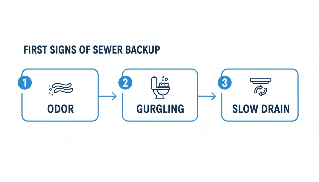 An infographic showing the first three signs of a sewer backup: odor, gurgling, and slow drain.