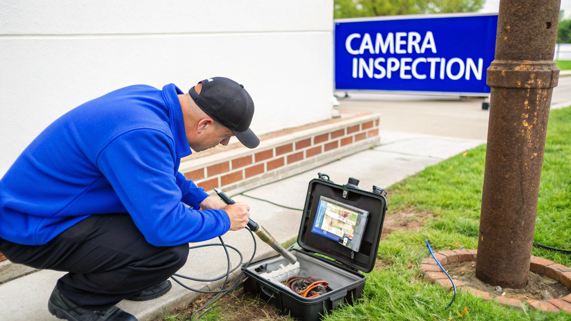 A technician crouches, performing a sewer line camera inspection, viewing live footage on a portable monitor.