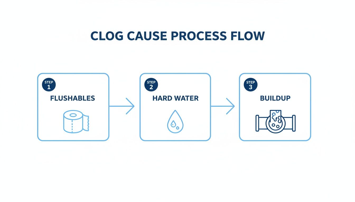 Diagram showing how flushables and hard water combine to cause pipe buildup and clogs.