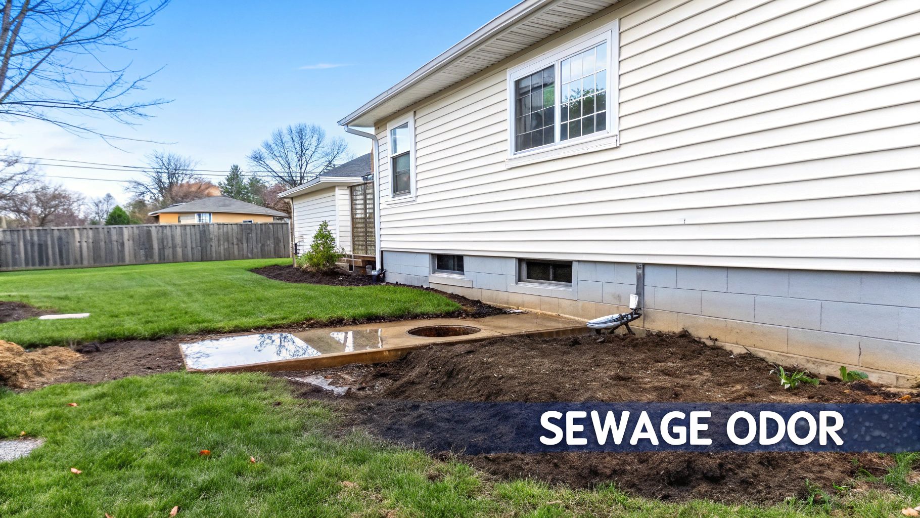 Backyard of a house with disturbed ground and a visible sewer access, indicating a sewage odor problem.