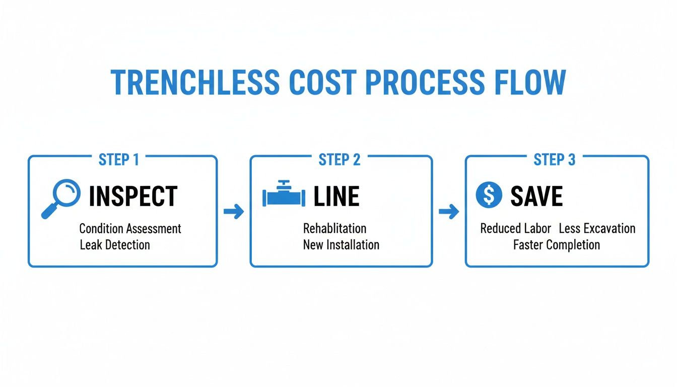 Diagram outlining the trenchless cost process flow, featuring inspect, line, and save steps.