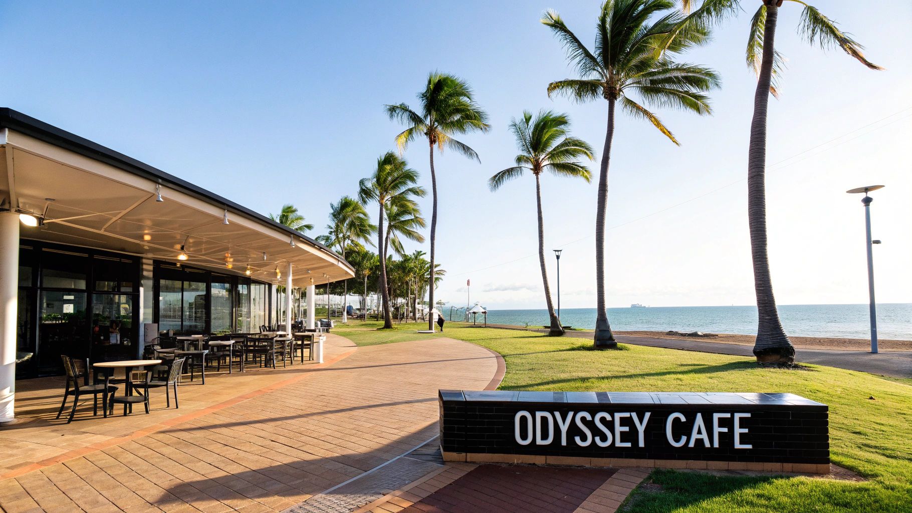 Odyssey Cafe with outdoor seating, palm trees, and ocean view on a sunny day.