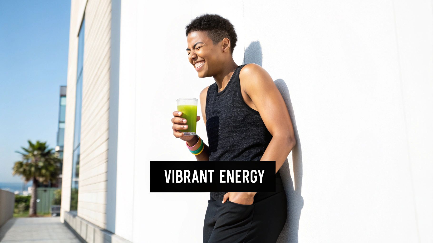 A person feeling energised and healthy, holding a bottle of fresh cold pressed juice.