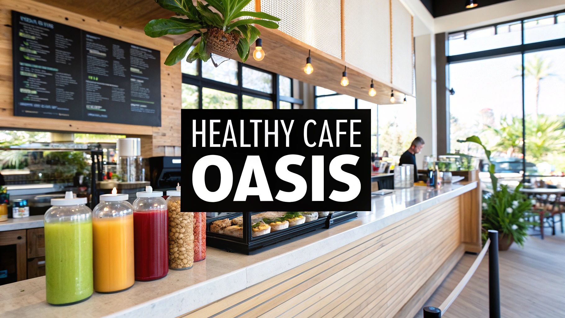 Interior view of a vibrant healthy cafe featuring a counter with fresh juices and pastries.