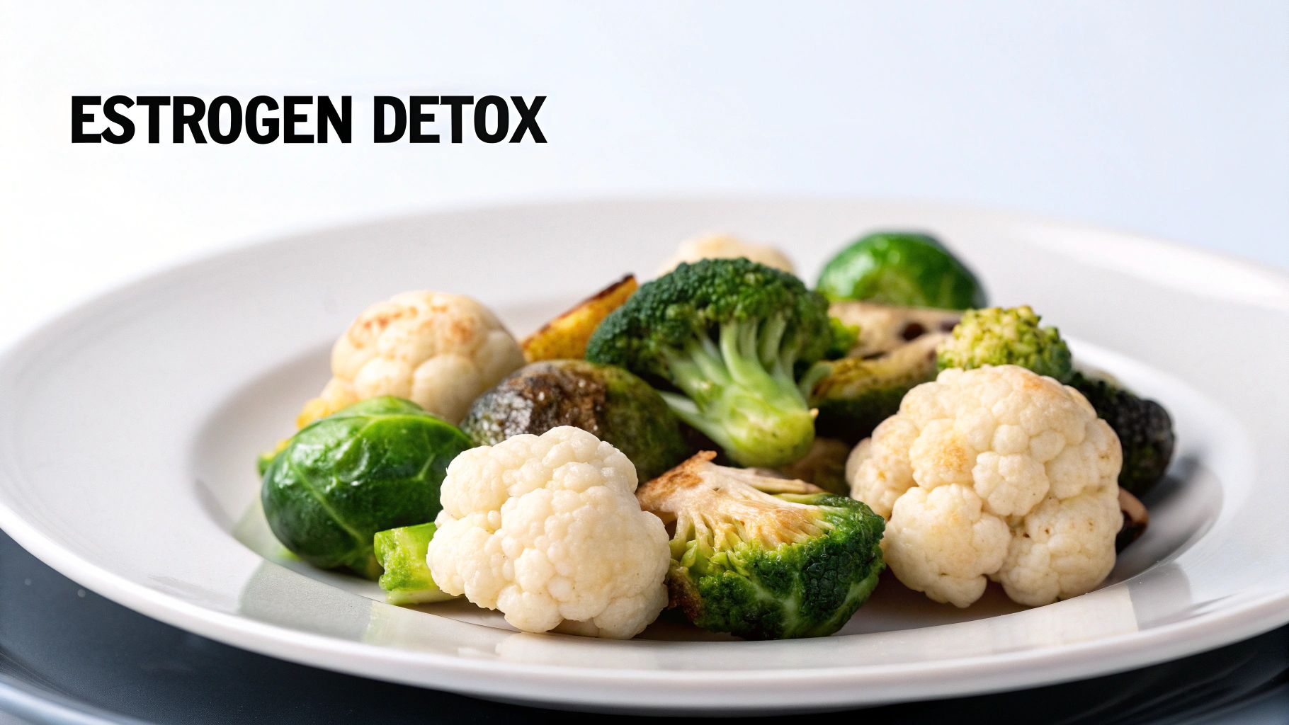 A white plate filled with roasted broccoli, cauliflower, and Brussels sprouts for estrogen detox.