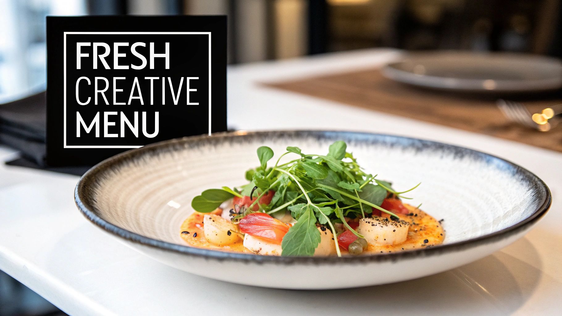 A gourmet dish of scallops, fresh arugula, and tomatoes on a plate, with a 'FRESH CREATIVE MENU' sign in a restaurant.