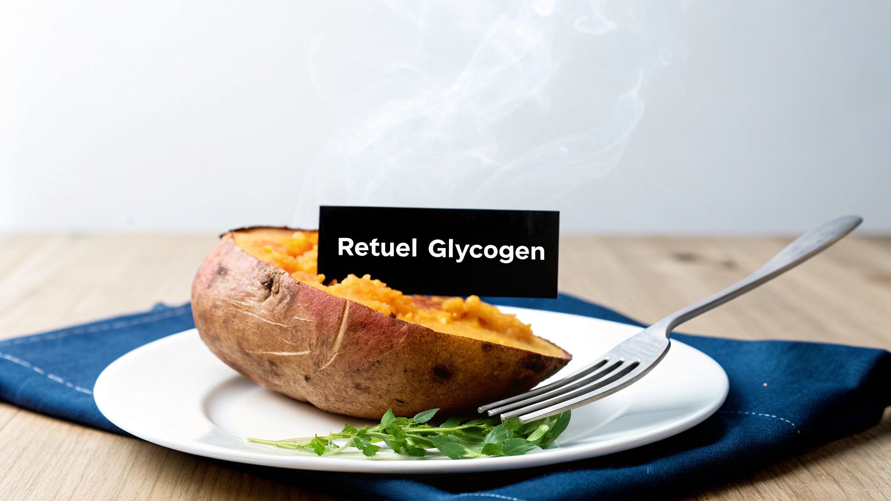 A steaming halved sweet potato on a white plate with a fork and a 'Refuel Glycogen' sign.