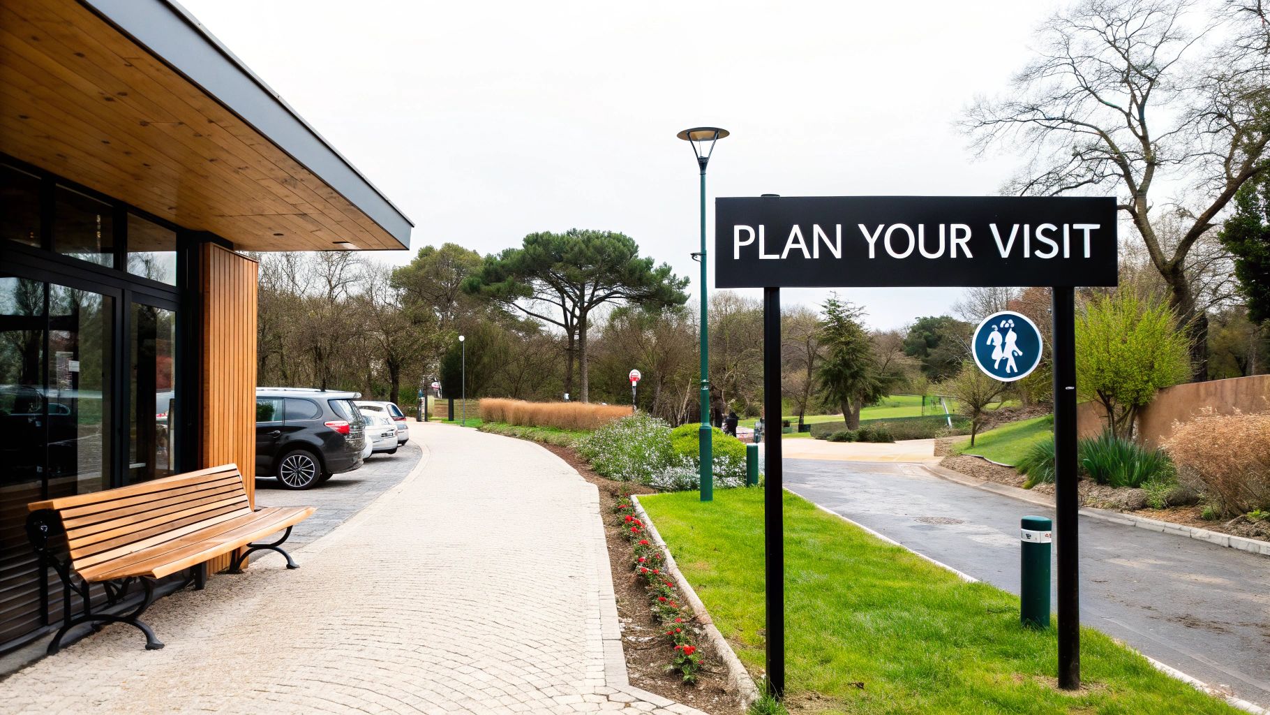 A visitor center with a wooden bench, a 'Plan Your Visit' sign, and a paved walkway leading into a park.