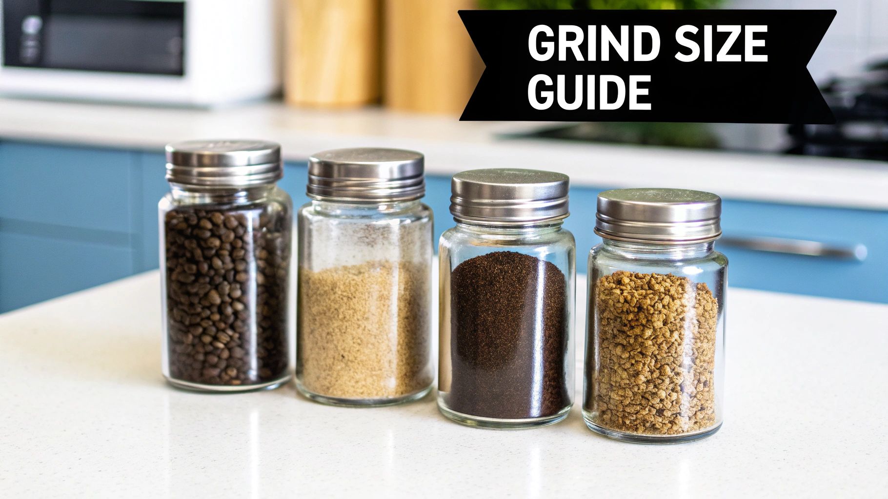 Close-up of different coffee grind sizes next to each other