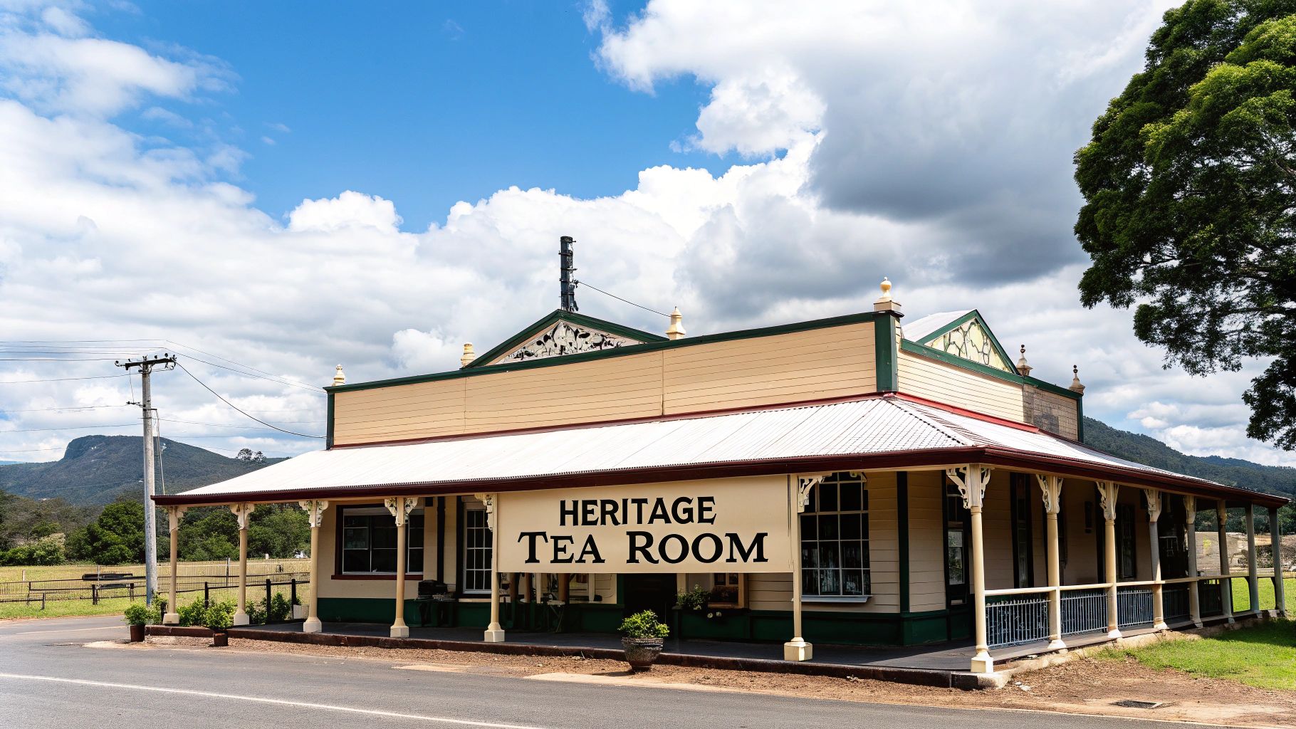 A rustic, historic tea room with a charming verandah set in the Australian bush.