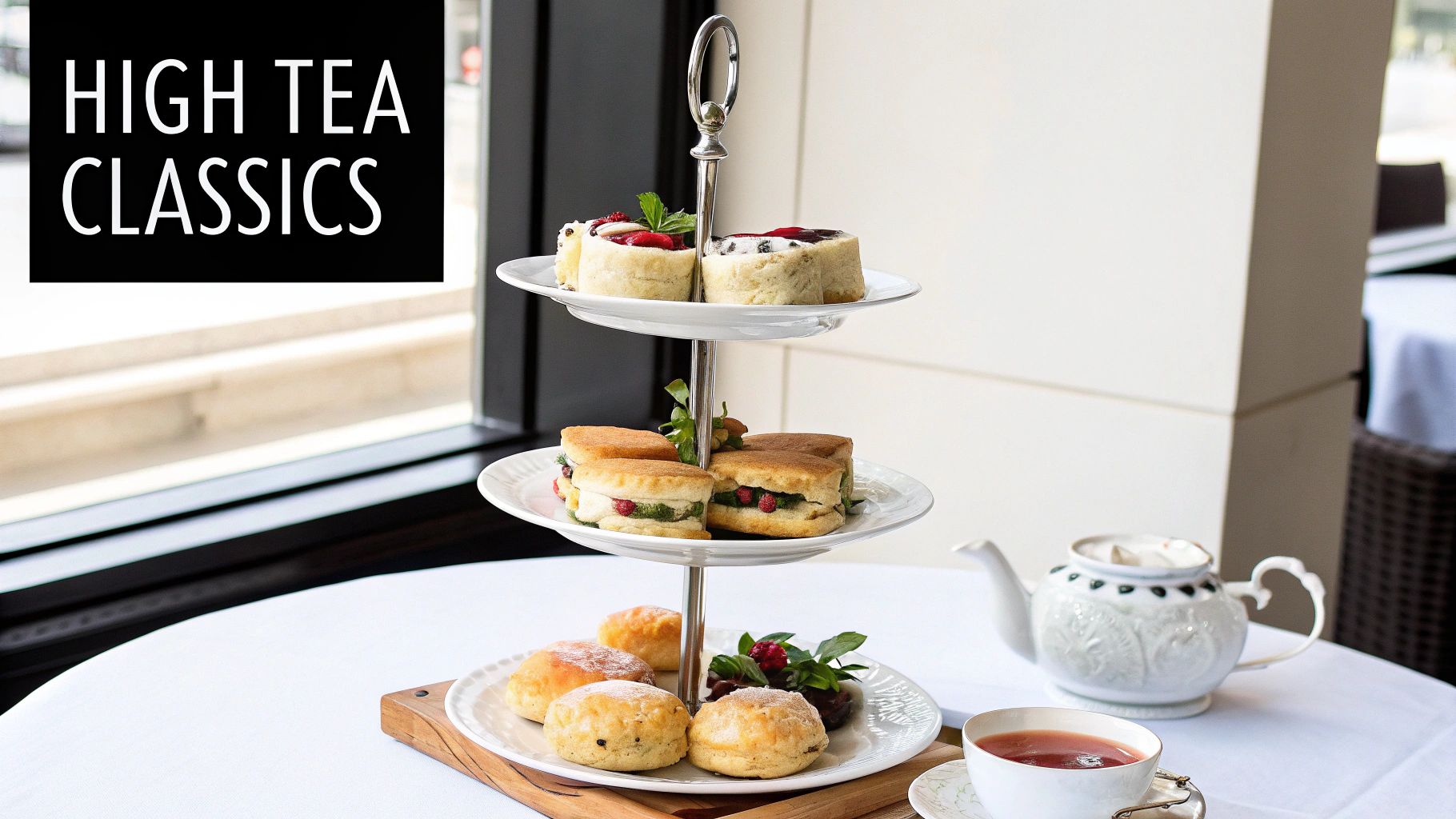 A beautiful three-tiered high tea stand filled with sandwiches, scones, and pastries.