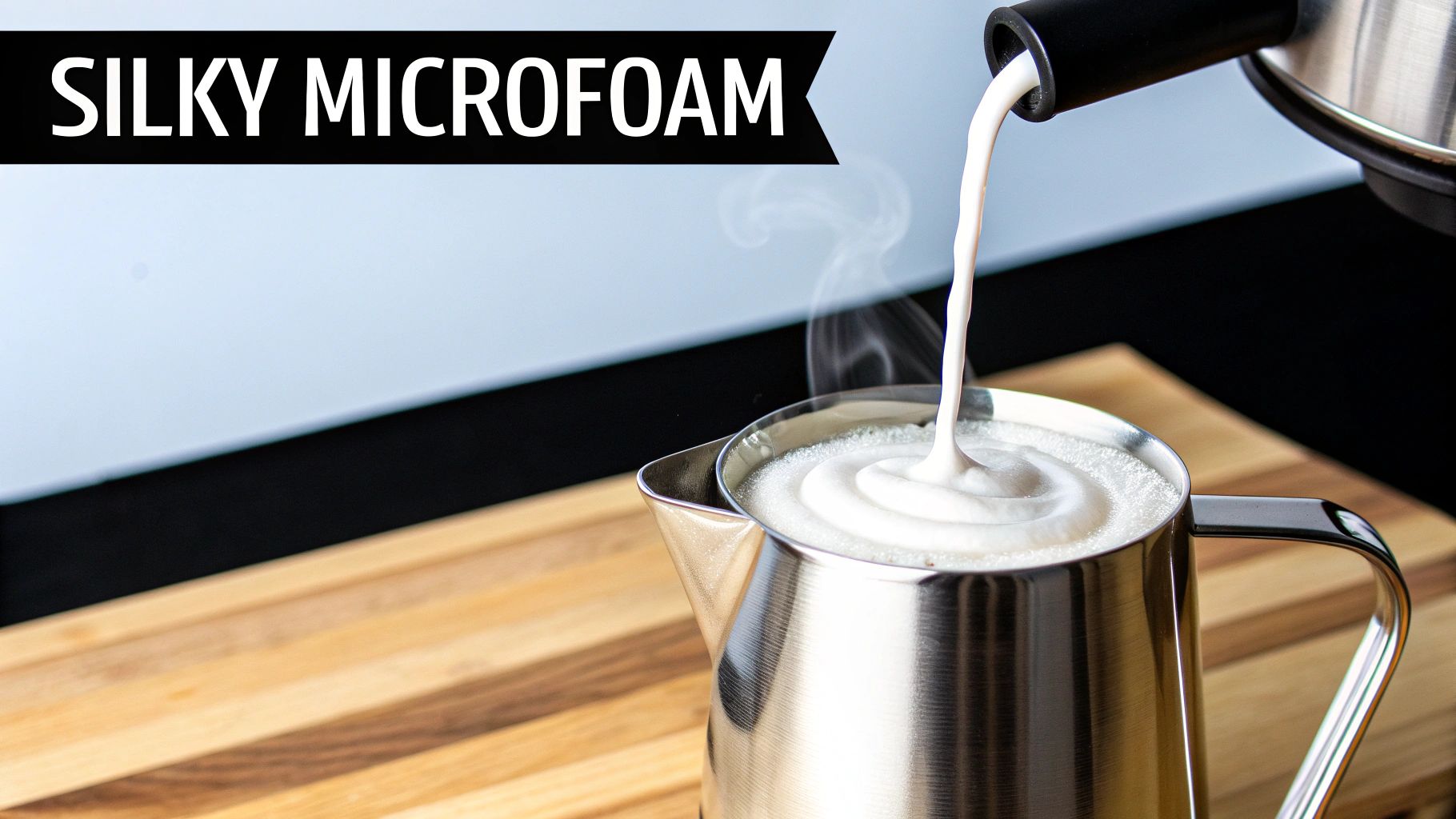 A barista texturing milk in a stainless steel jug with an espresso machine steam wand.