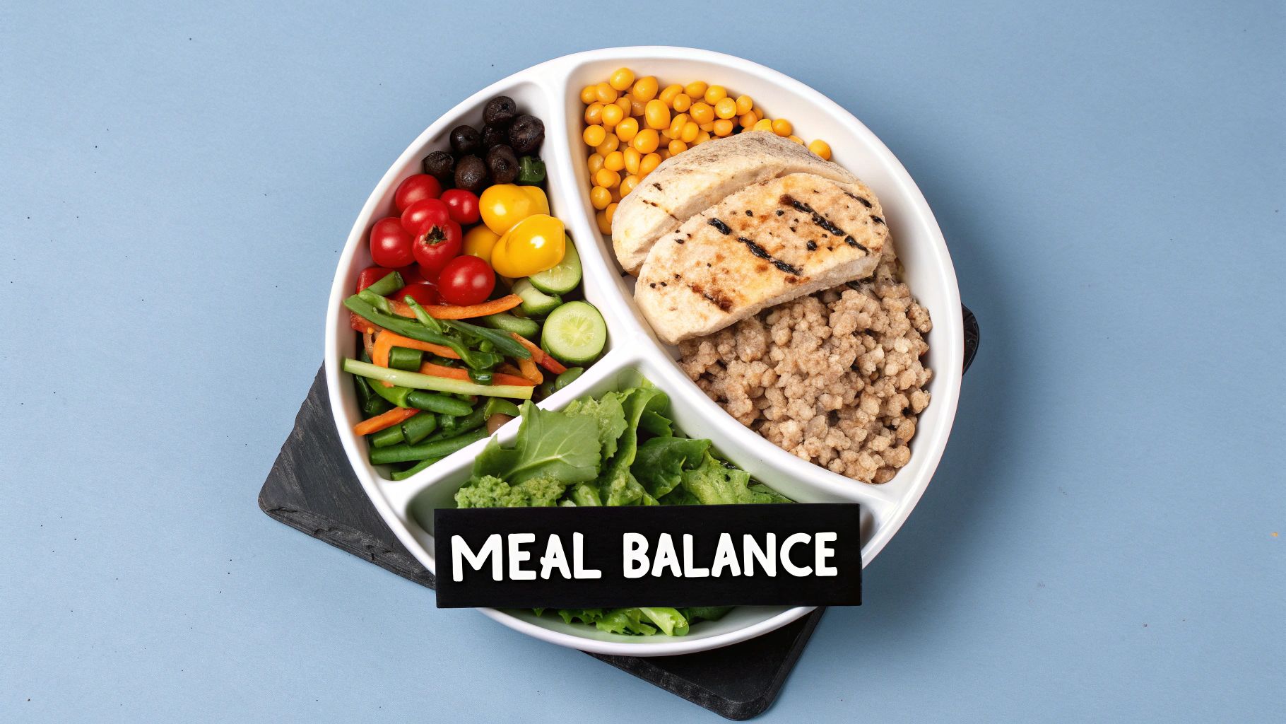 A plate of food divided according to the plate method with half vegetables, a quarter protein, and a quarter carbohydrates.