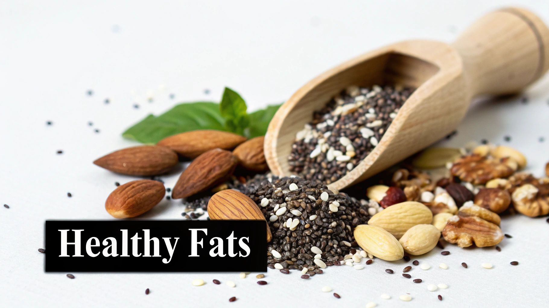 A close-up of healthy fats: almonds, chia seeds in a scoop, and various nuts on a white background.