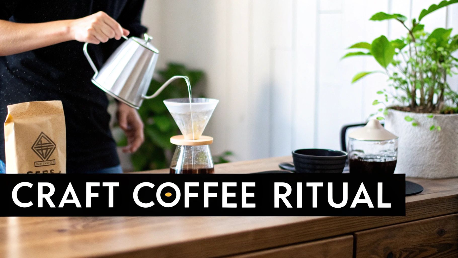 Person's hands pour hot water from a gooseneck kettle into a pour-over coffee maker, surrounded by coffee beans and a plant.