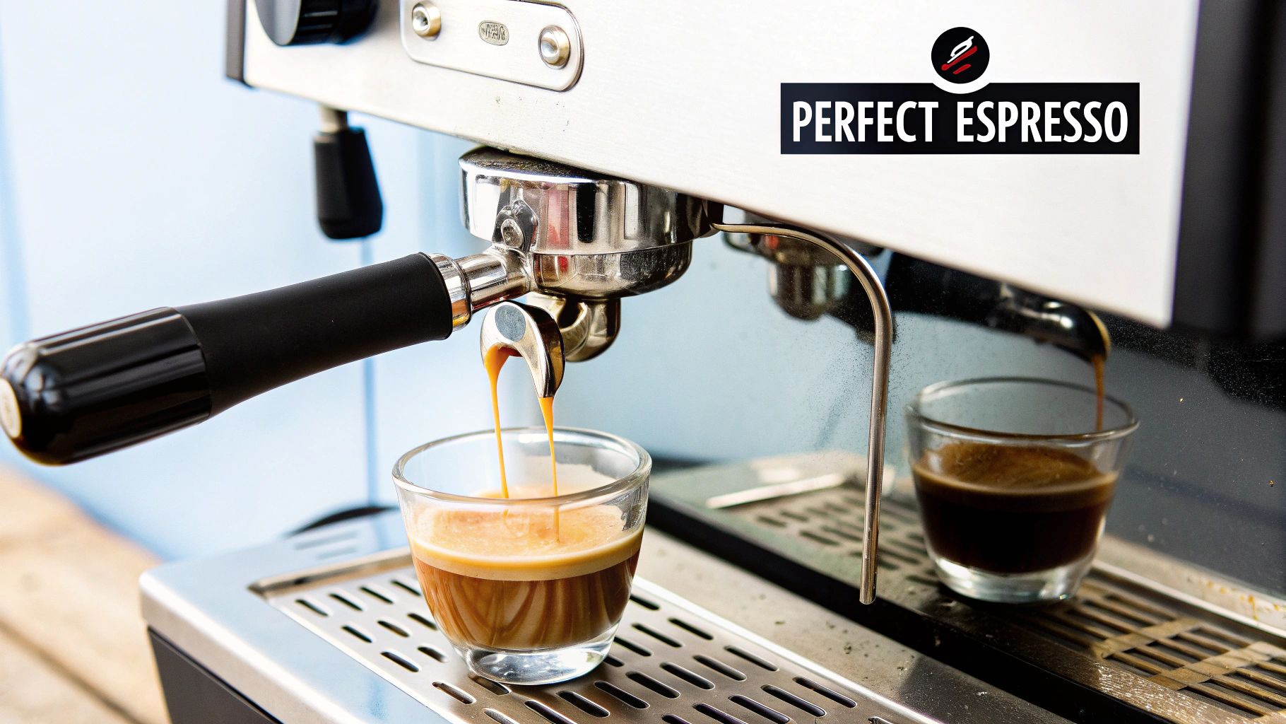 A perfect espresso shot being pulled into a glass cup, showing rich crema.