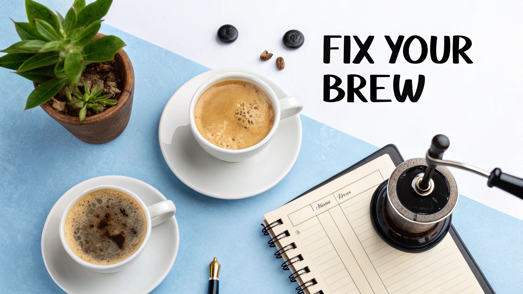 Flat lay of coffee cups, coffee grinder, notebook, and a plant on a blue and white desk.
