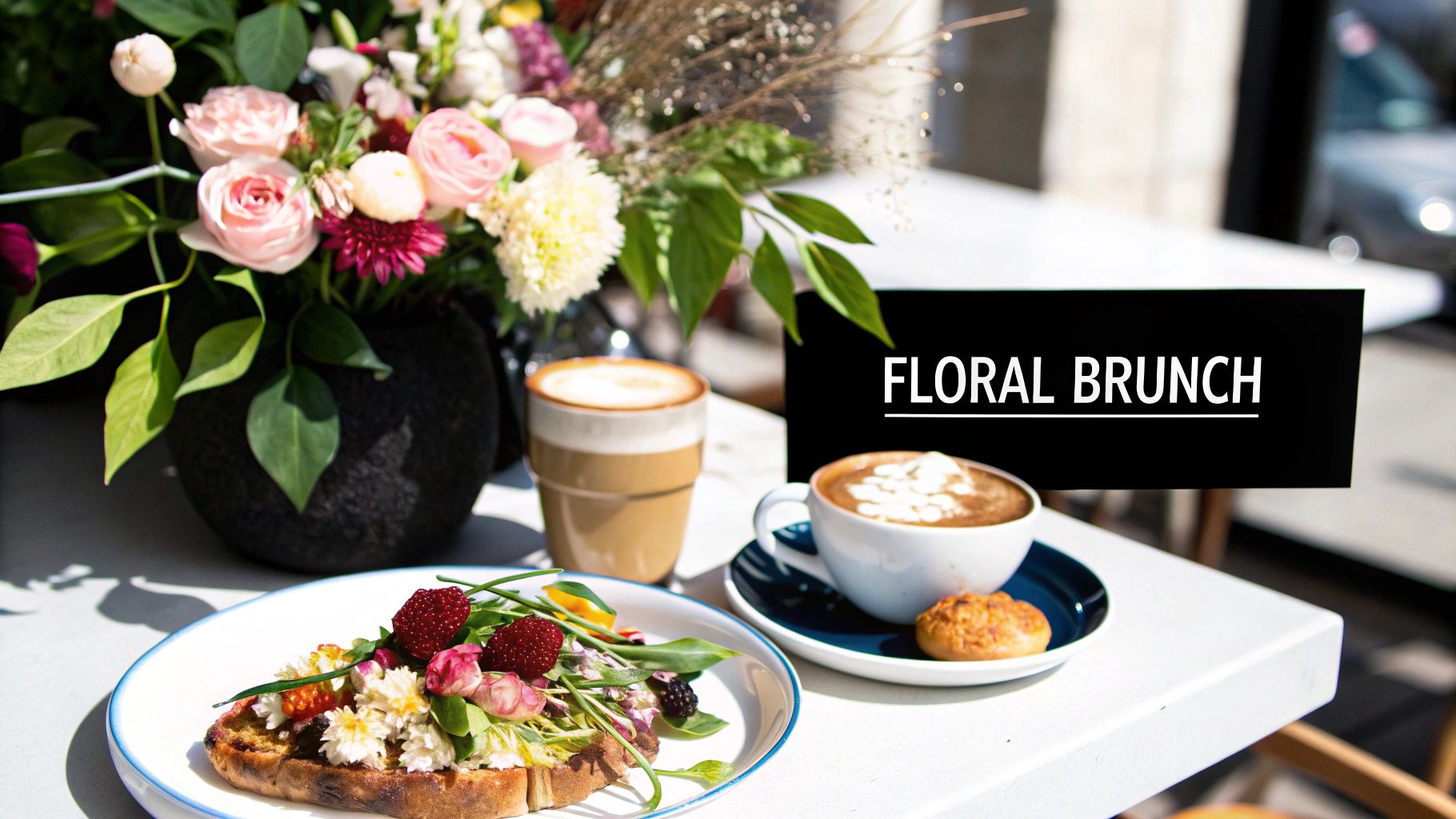 A bright floral brunch with avocado toast, berries, coffee, and a large flower arrangement.