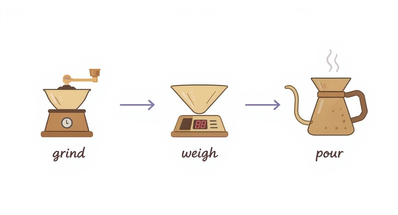 A simple illustration of coffee brewing steps: grinding beans, weighing grounds, and pouring hot water.
