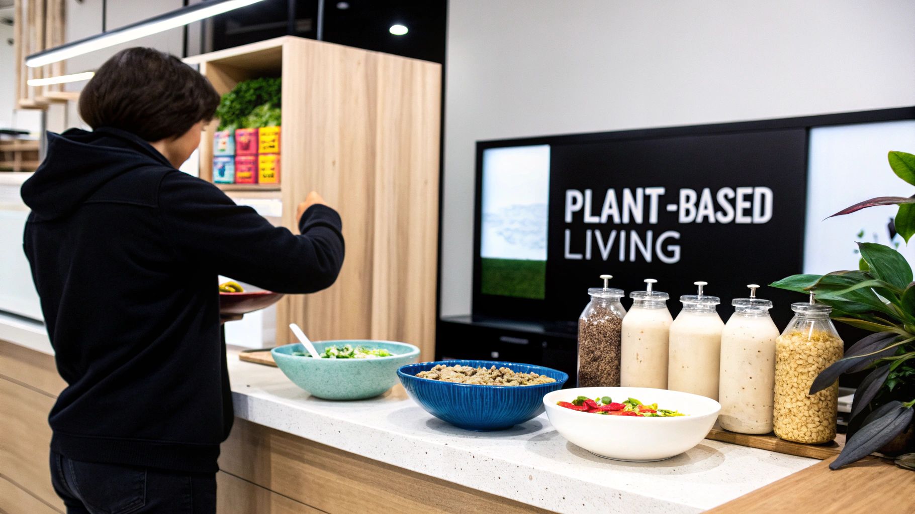Person preparing healthy plant-based meal at modern kitchen counter with various ingredients and plant milk bottles
