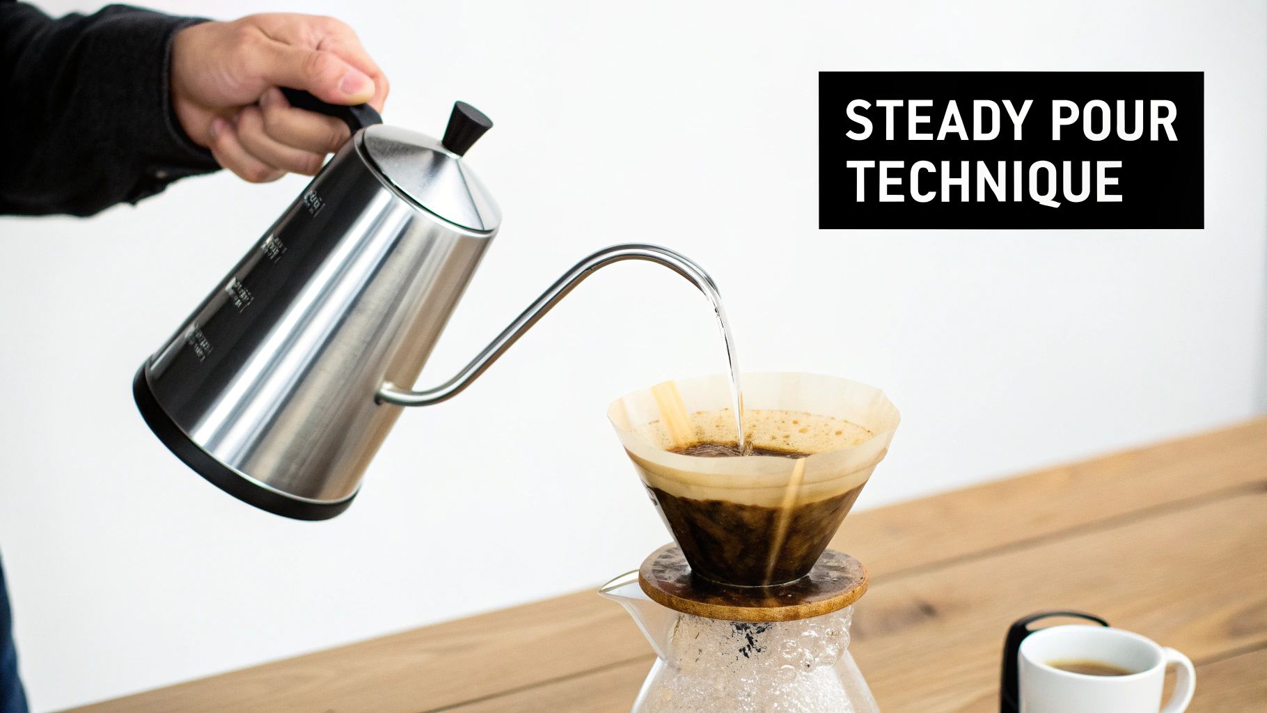 A person demonstrates a steady pour-over coffee technique, pouring hot water from a gooseneck kettle into a dripper.