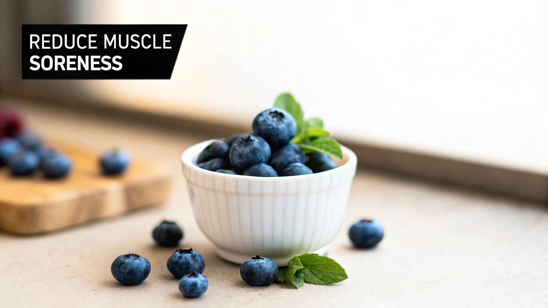 A white bowl filled with fresh blueberries and mint leaves, with more berries scattered around.