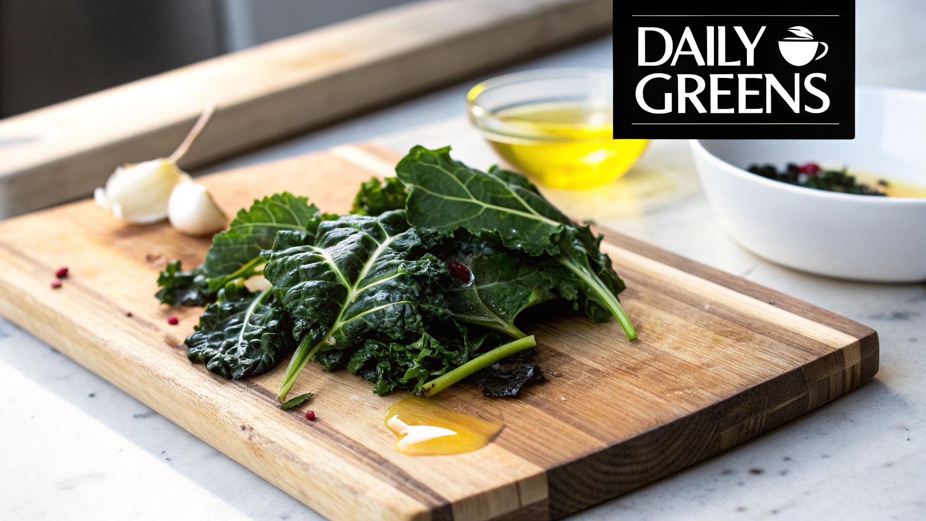 Fresh green kale, garlic cloves, and olive oil on a wooden cutting board, ready for cooking.