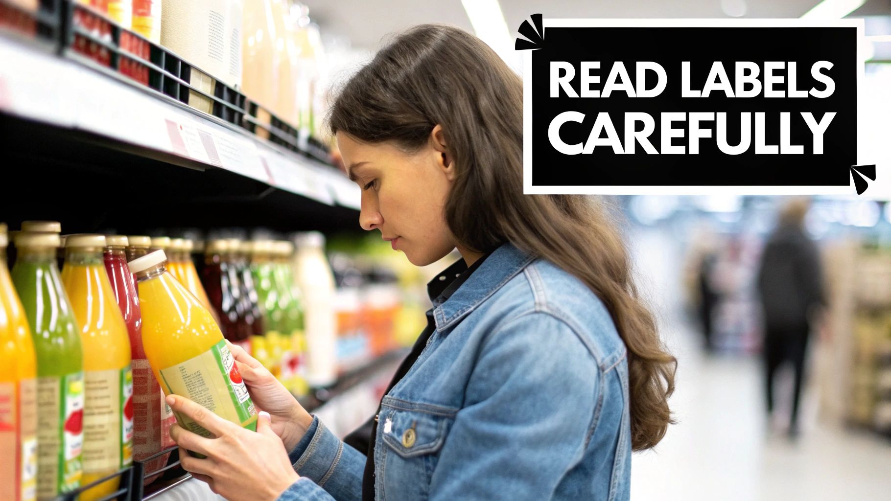 A person choosing between several colourful bottles of cold pressed juice.