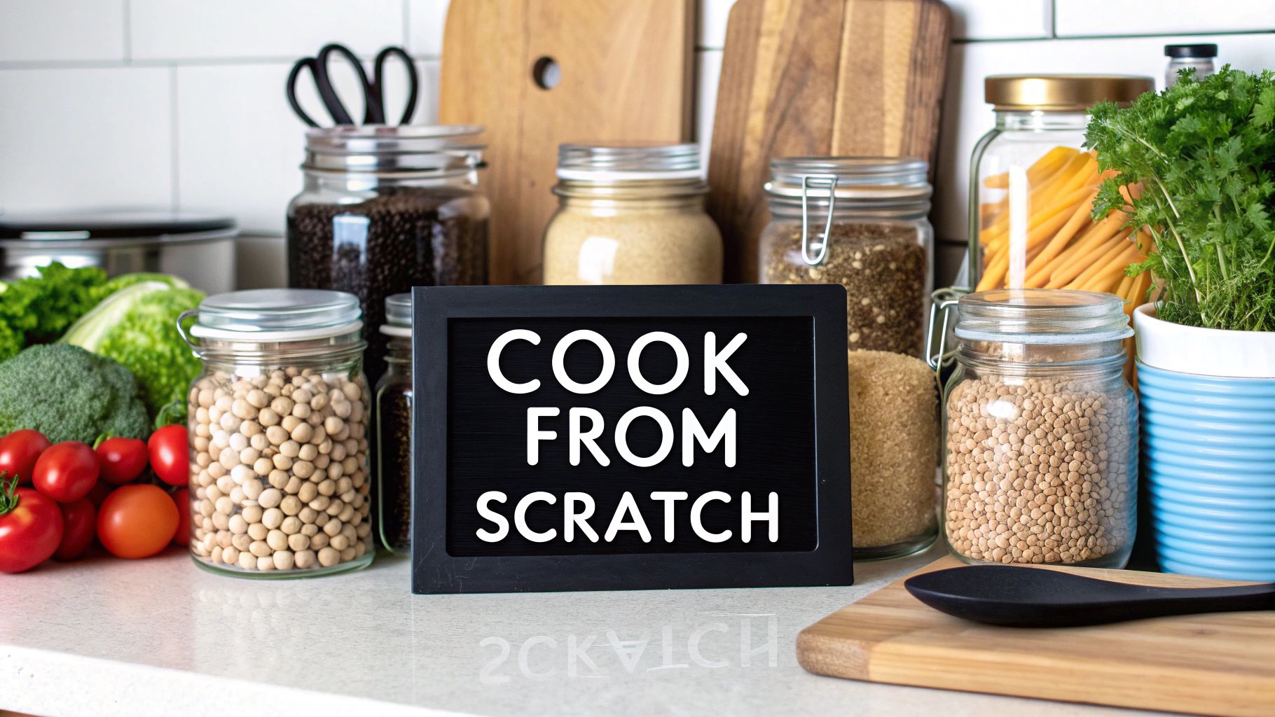 A variety of whole foods like grains, legumes, and fresh vegetables laid out on a table.
