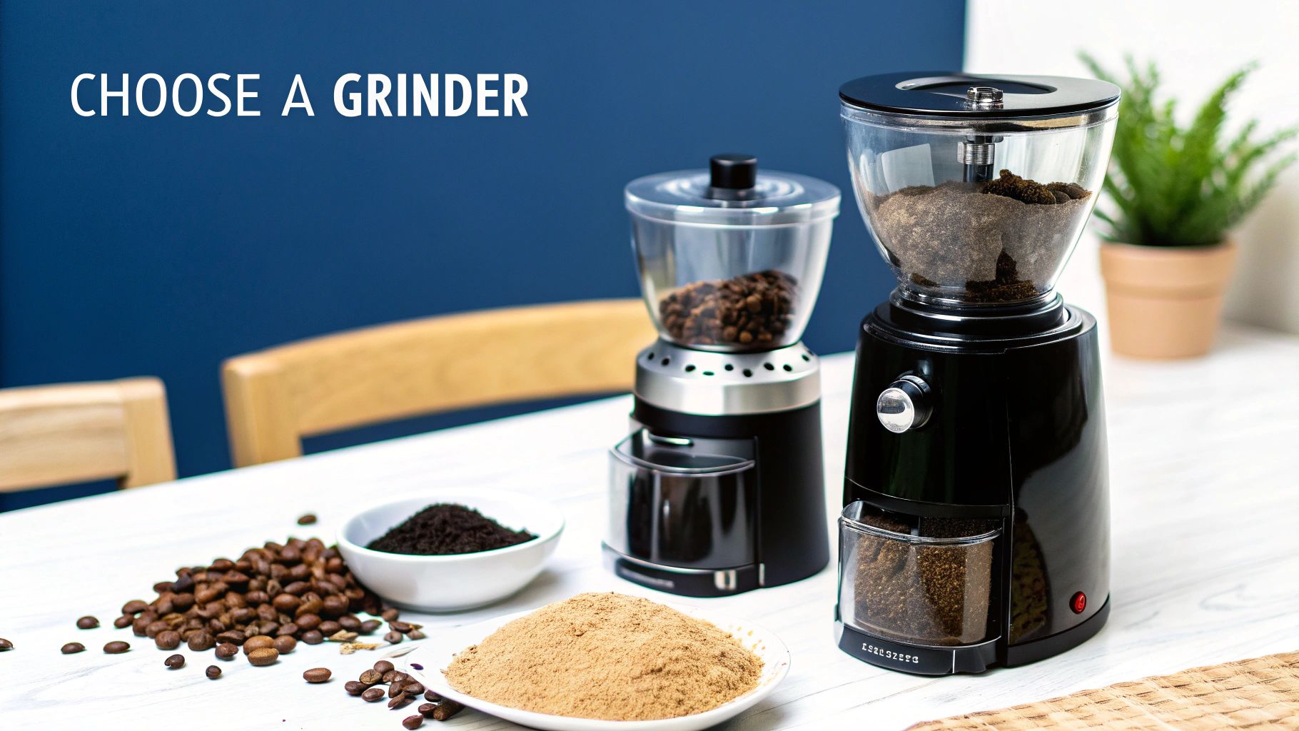 A modern electric coffee grinder on a kitchen counter