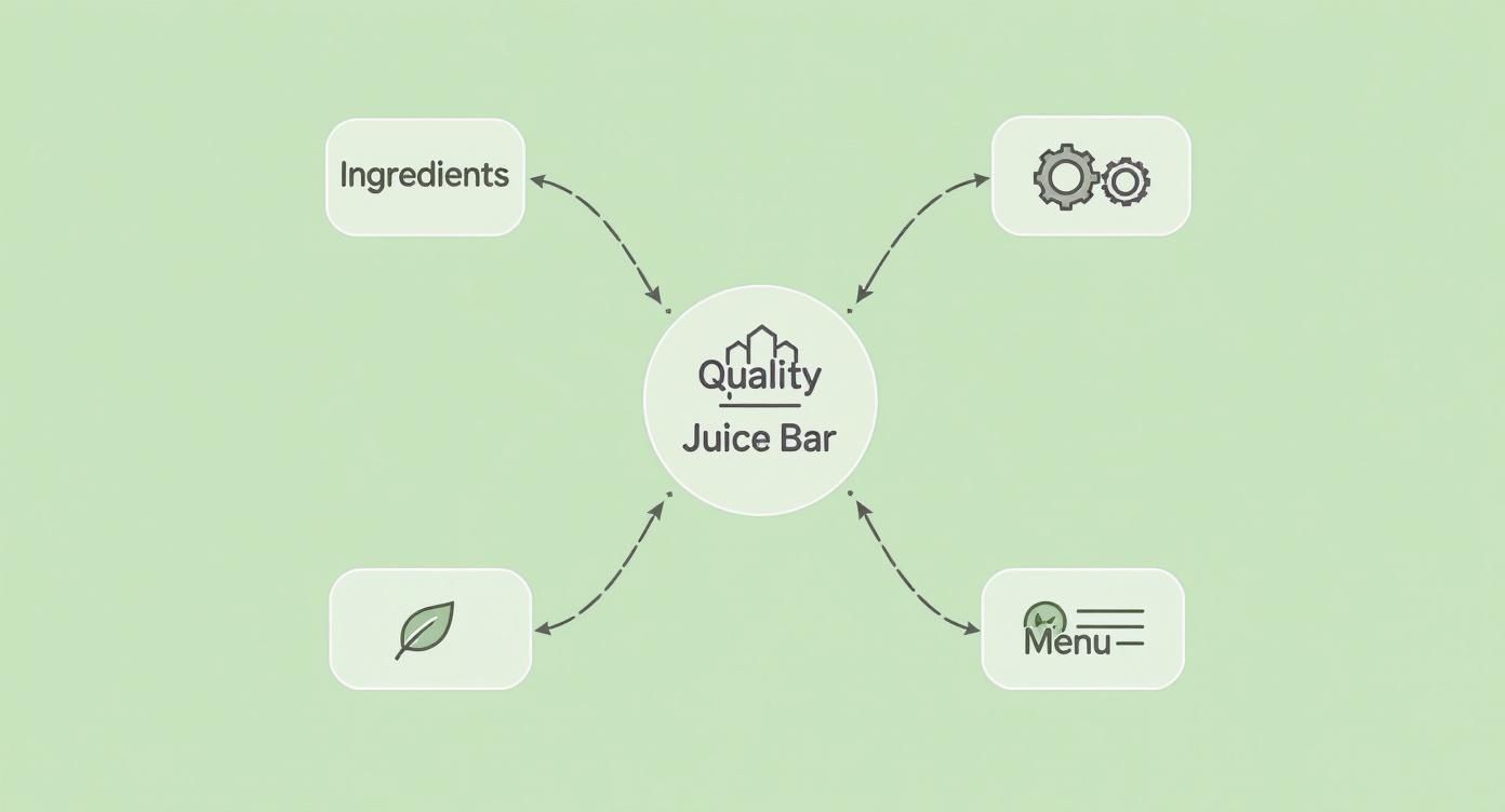 Quality juice bar infographic showing ingredients, equipment, sustainability, and menu contributing to business success