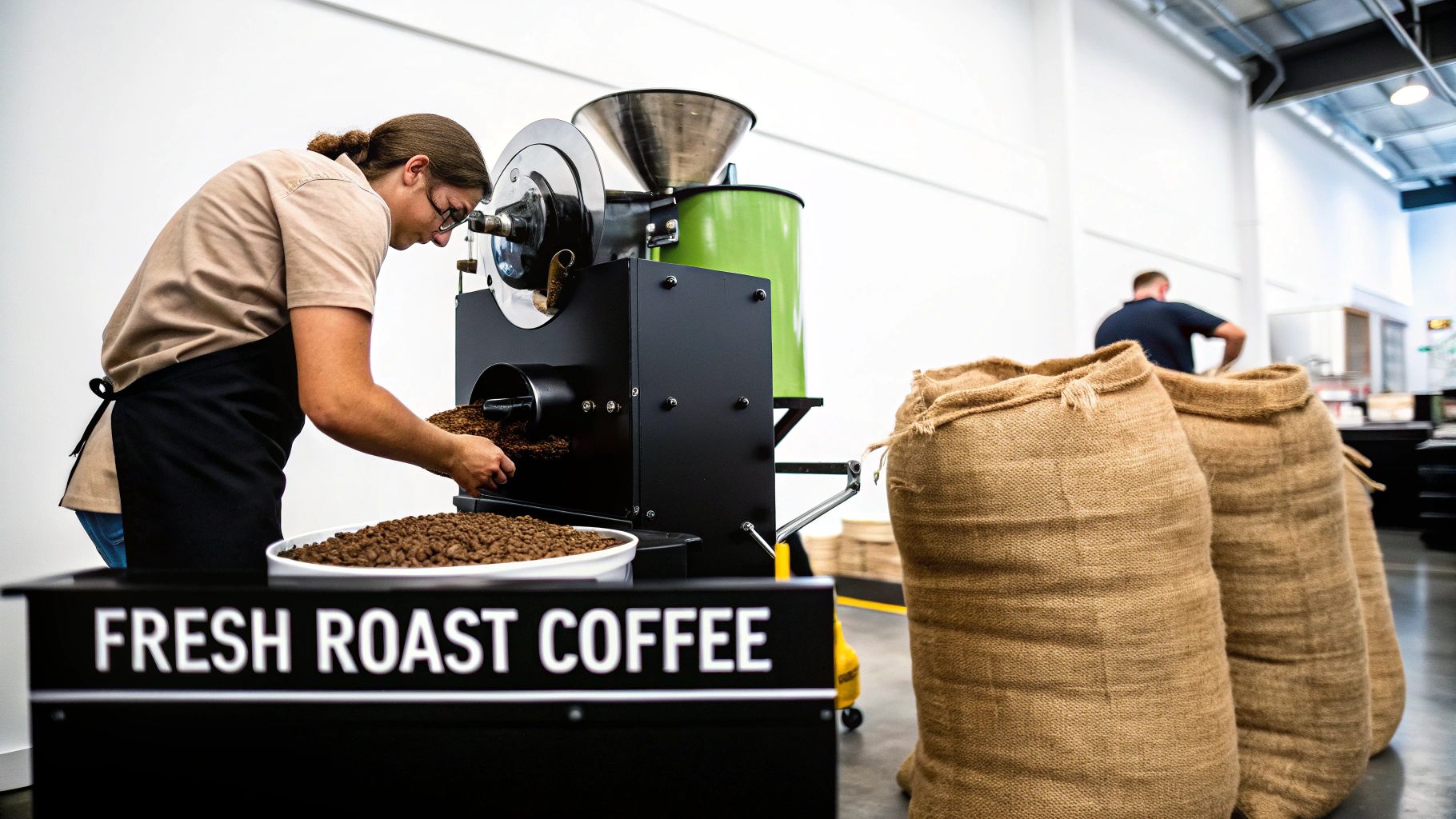 A person wearing glasses and an apron scooping freshly roasted coffee beans from a machine, with burlap sacks nearby.
