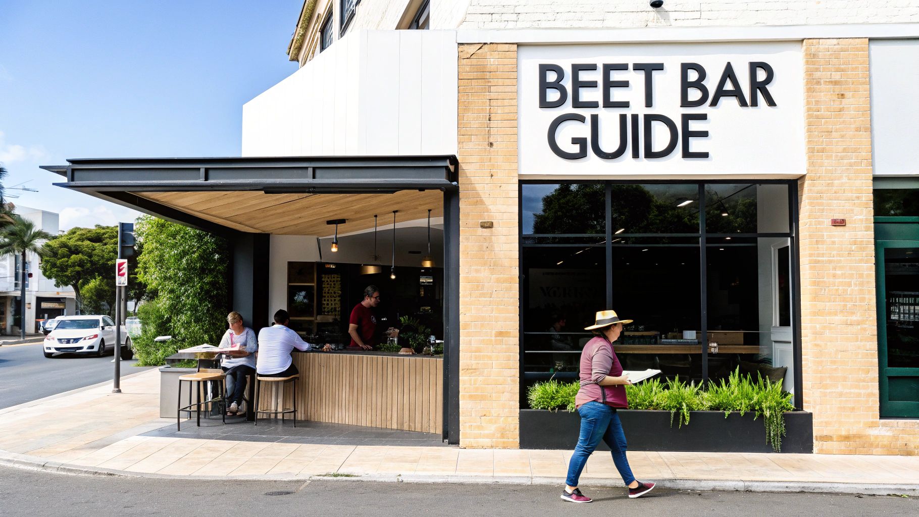 Exterior view of the modern Beet Bar Guide cafe with outdoor seating and pedestrians on a sunny day.