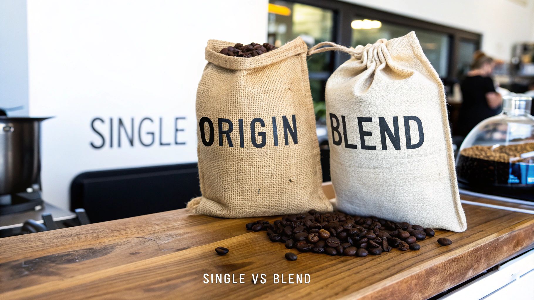 A close-up of dark roasted espresso coffee beans in a hessian sack