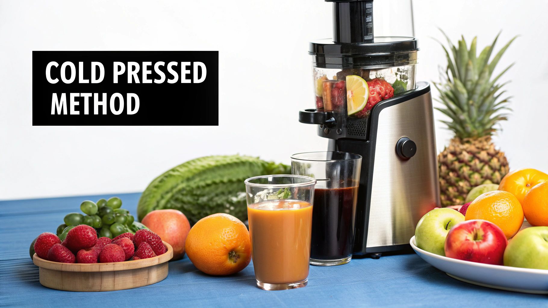 A colourful array of freshly bottled cold pressed juices, showcasing their vibrant hues.