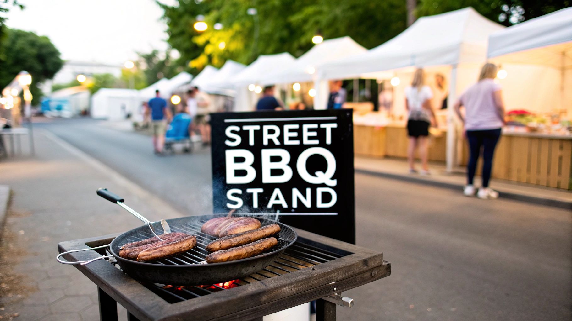 A street BBQ stand sign with sausages grilling on a pan at an outdoor market event.