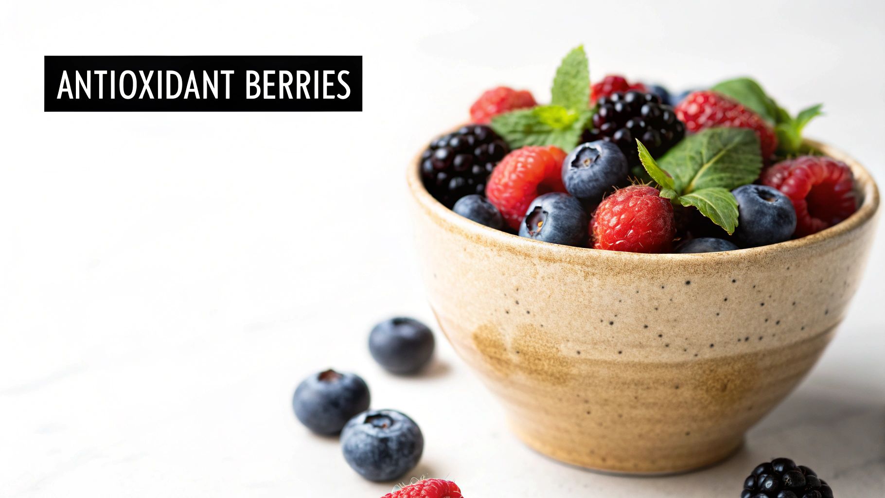 A ceramic bowl filled with fresh blueberries, raspberries, and blackberries, garnished with mint leaves, with text 'ANTIOXIDANT BERRIES'.