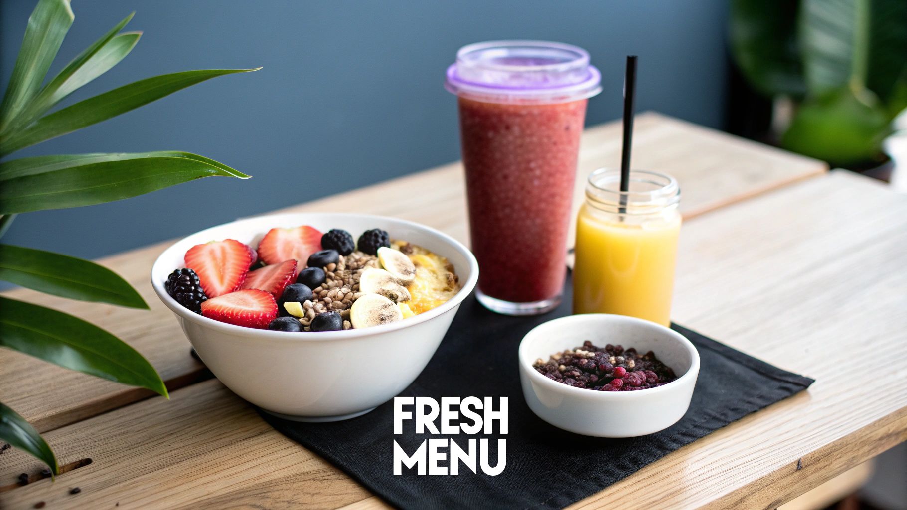 A vibrant breakfast spread featuring a fruit bowl with strawberries, blueberries, blackberries, and bananas, a red smoothie, and orange juice on a wooden table.