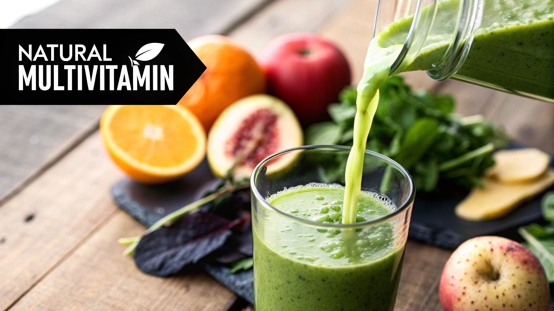Green smoothie being poured into glass surrounded by fresh fruits and vegetables for natural multivitamin nutrition