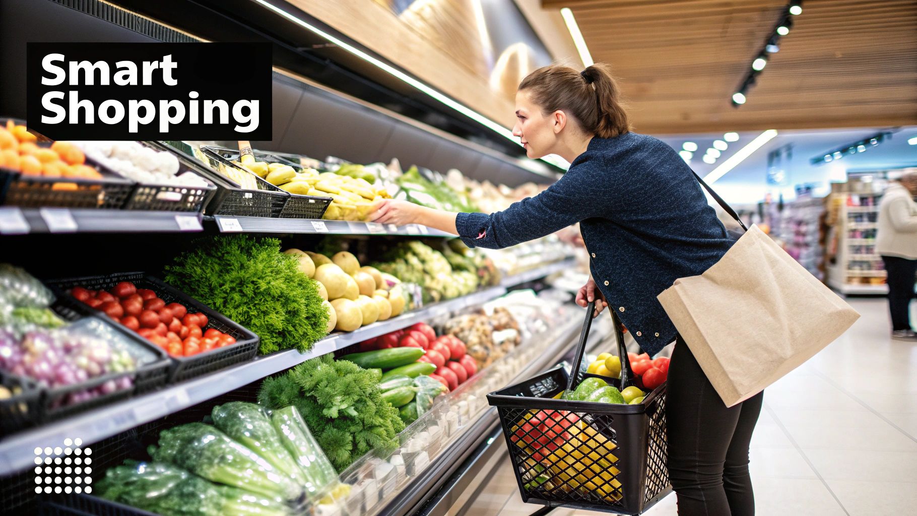 A person pushing a shopping trolley through the fresh produce section of a supermarket, with a focus on colourful fruits and vegetables.