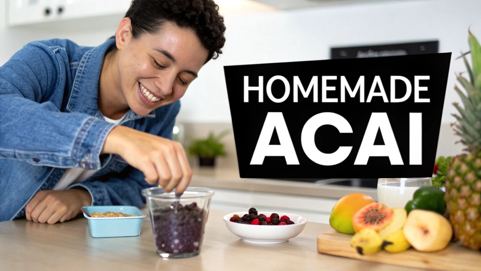 Woman preparing homemade acai bowl with fresh fruits and granola in modern kitchen