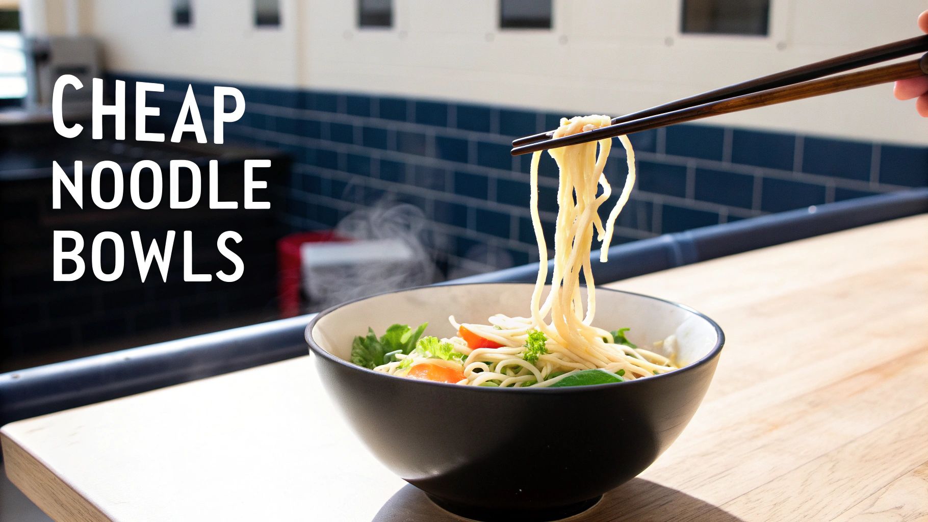 A hand uses chopsticks to lift steaming noodles from a bowl with vegetables, text reads 'CHEAP NOODLE BOWLS'.