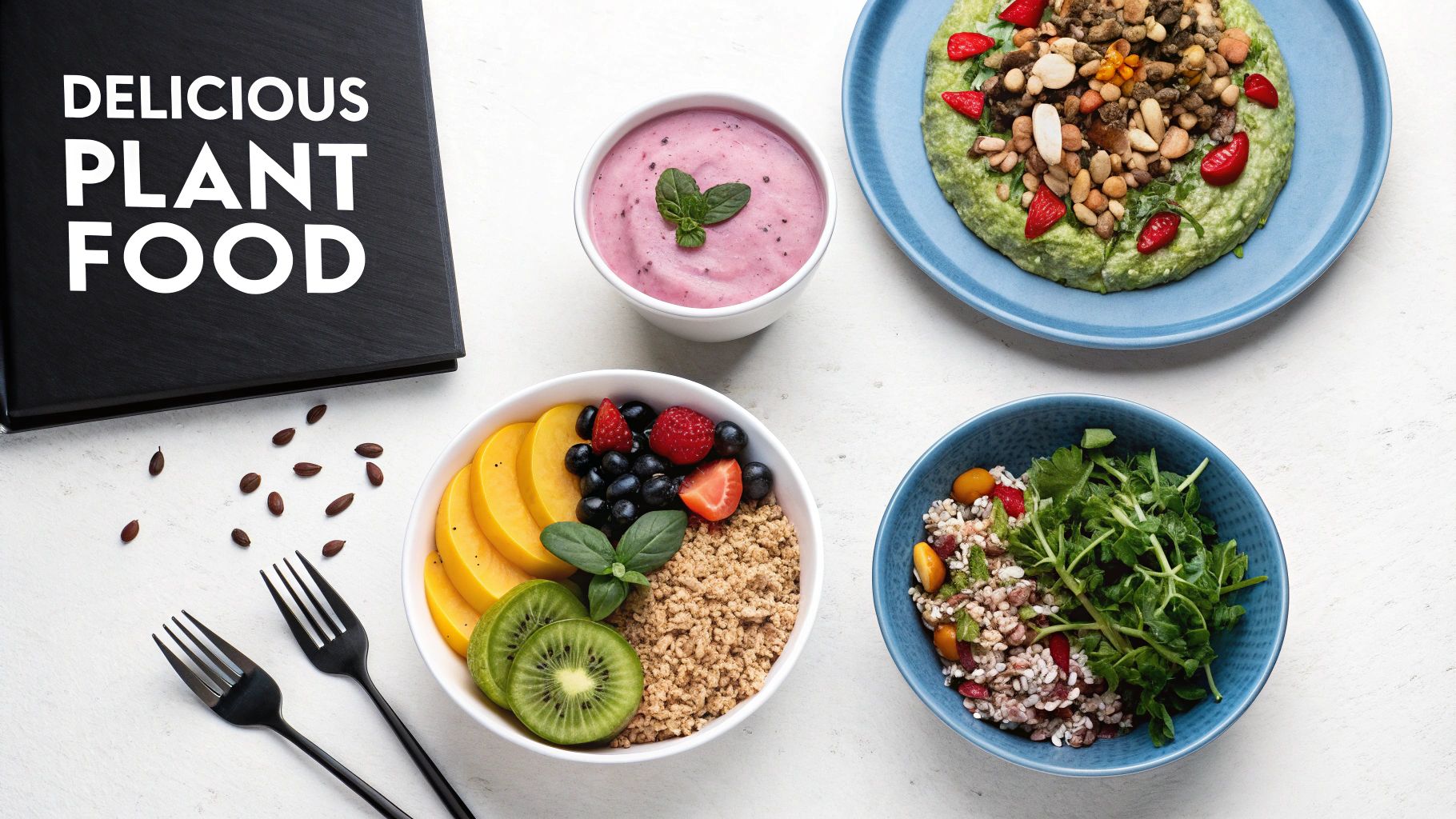 Colorful plant based food bowls with fruits, vegetables, legumes, grains and pink smoothie arranged on white surface