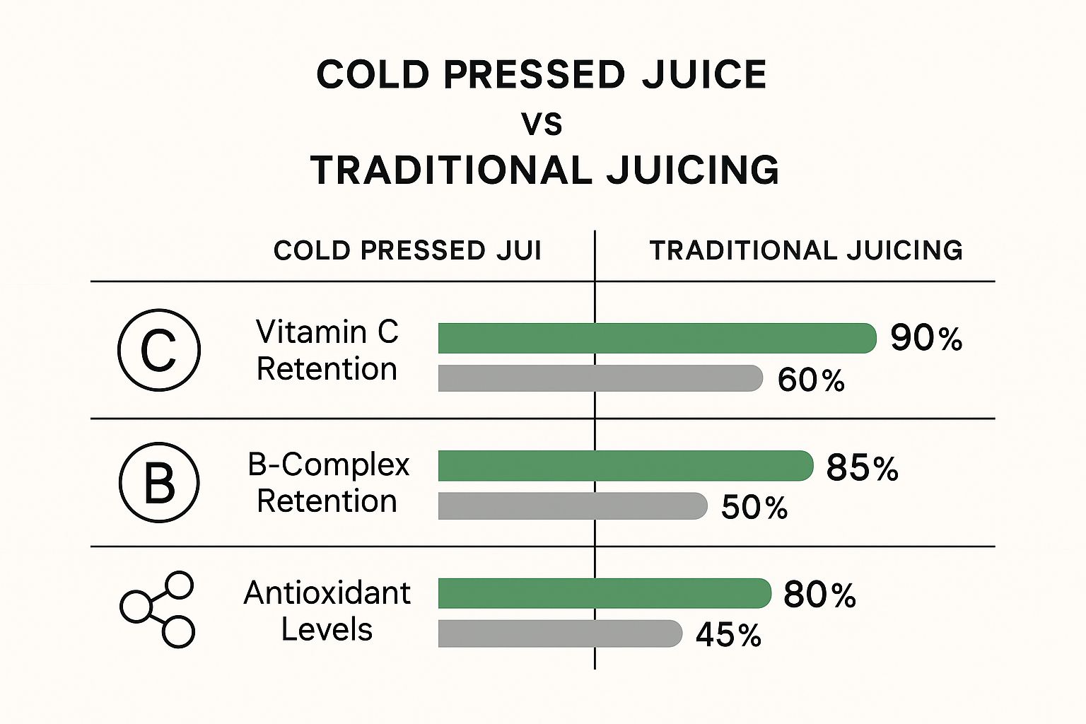 An infographic comparing the nutrient retention in cold pressed juice versus traditional juicing, showing higher levels of Vitamin C, B-Complex vitamins, and antioxidants in cold pressed juice.