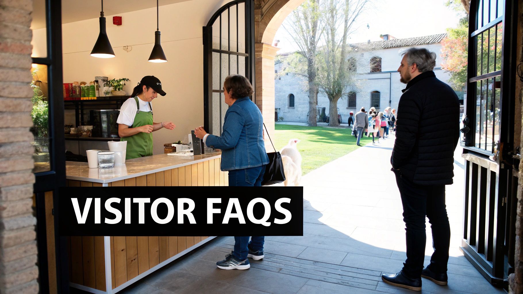 A person in a green apron serves a customer at an outdoor cafe, with a garden setting.