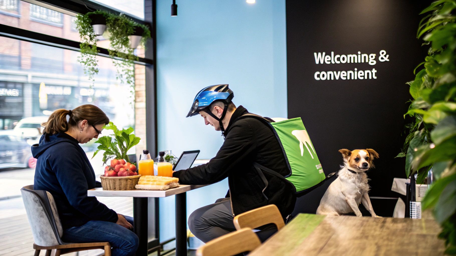 Delivery cyclist with green backpack using tablet at modern juice bar with customer and dog